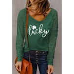 Green Clover Lucky Pattern Sheer Striped Long Sleeve Top