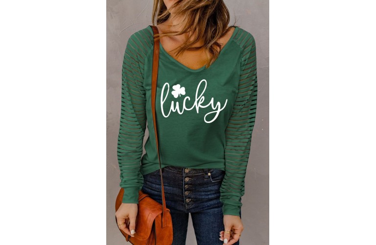 Green Clover Lucky Pattern Sheer Striped Long Sleeve Top