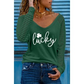 Green Clover Lucky Pattern Sheer Striped Long Sleeve Top