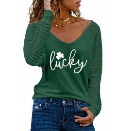 Green Clover Lucky Pattern Sheer Striped Long Sleeve Top