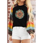 Black Western Pattern Leopard Sunflower Color Block Top