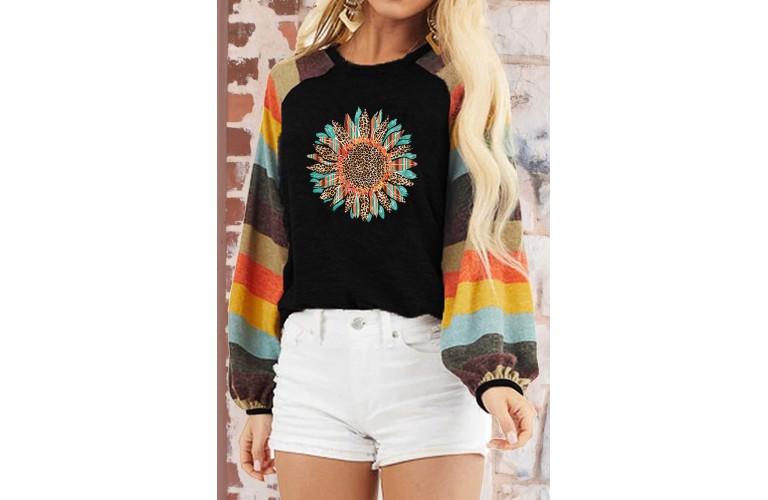 Black Western Pattern Leopard Sunflower Color Block Top