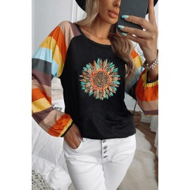 Black Western Pattern Leopard Sunflower Color Block Top