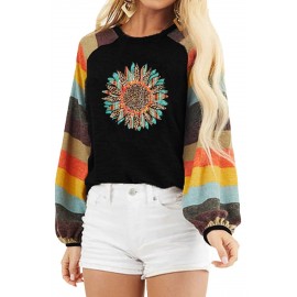 Black Western Pattern Leopard Sunflower Color Block Top