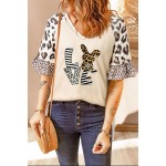 Khaki LOVE Bunny Print Leopard Half Sleeve V Neck Top