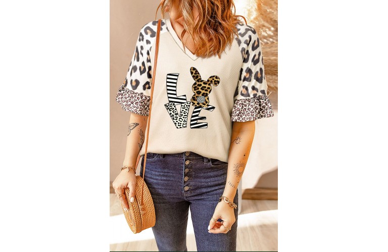 Khaki LOVE Bunny Print Leopard Half Sleeve V Neck Top