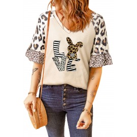 Khaki LOVE Bunny Print Leopard Half Sleeve V Neck Top