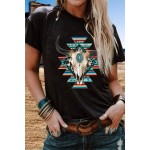 Black Western Aztec Cow Skull Print Short Sleeve T Shirt