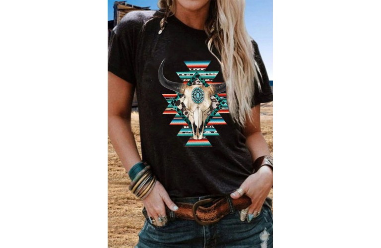 Black Western Aztec Cow Skull Print Short Sleeve T Shirt