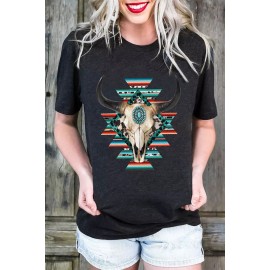 Black Western Aztec Cow Skull Print Short Sleeve T Shirt