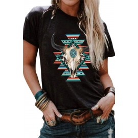 Black Western Aztec Cow Skull Print Short Sleeve T Shirt