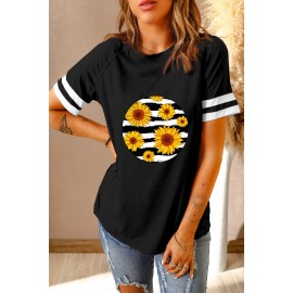 Black Sunflower Stripes Circle Print Raglan Tee