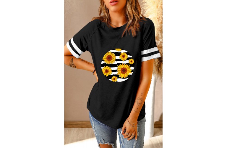 Black Sunflower Stripes Circle Print Raglan Tee