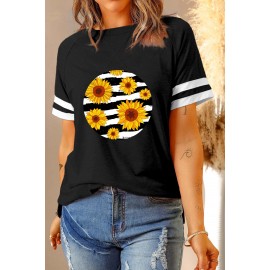 Black Sunflower Stripes Circle Print Raglan Tee