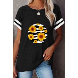 Black Sunflower Stripes Circle Print Raglan Tee