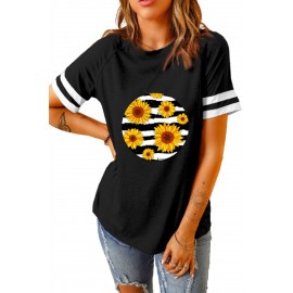 Black Sunflower Stripes Circle Print Raglan Tee