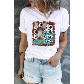 White Bunny Letter Cow Print Short Sleeve T-shirt