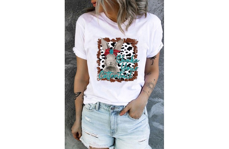 White Bunny Letter Cow Print Short Sleeve T-shirt