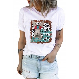 White Bunny Letter Cow Print Short Sleeve T-shirt