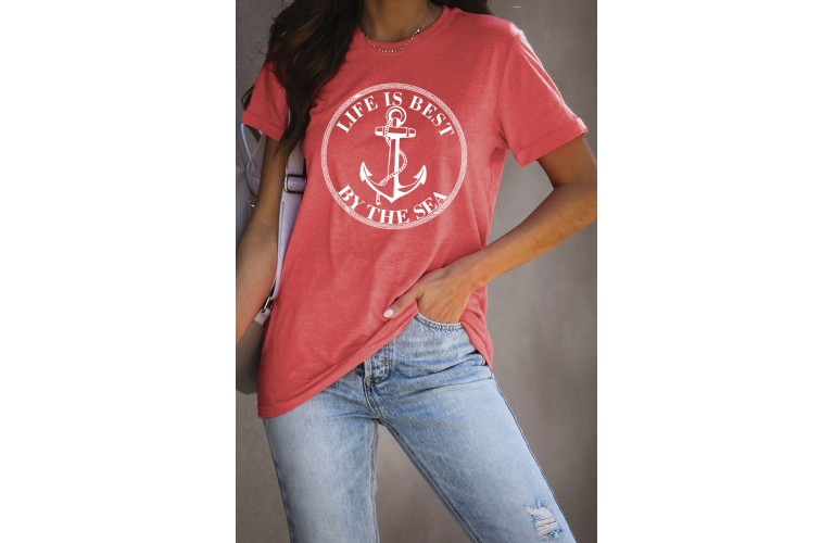 Red LIFE IS BEST BY THE SEA Anchor Print Graphic T Shirt