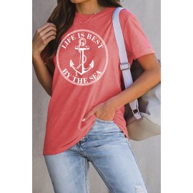 Red LIFE IS BEST BY THE SEA Anchor Print Graphic T Shirt