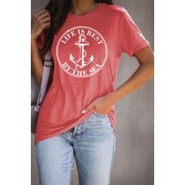 Red LIFE IS BEST BY THE SEA Anchor Print Graphic T Shirt