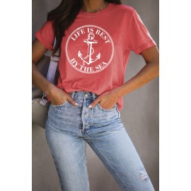 Red LIFE IS BEST BY THE SEA Anchor Print Graphic T Shirt