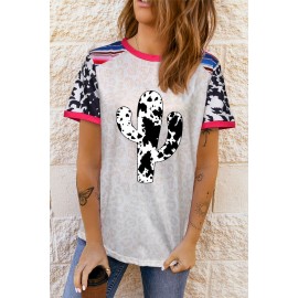 Western Cow Cactus Leopard Splicing Short Sleeve T-shirt