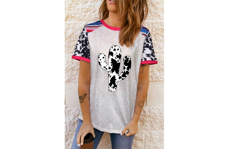 Western Cow Cactus Leopard Splicing Short Sleeve T-shirt