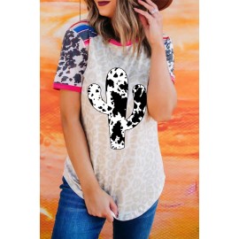 Western Cow Cactus Leopard Splicing Short Sleeve T-shirt