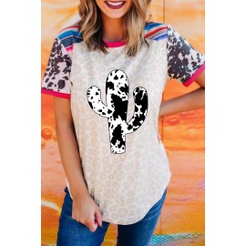 Western Cow Cactus Leopard Splicing Short Sleeve T-shirt