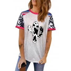 Western Cow Cactus Leopard Splicing Short Sleeve T-shirt