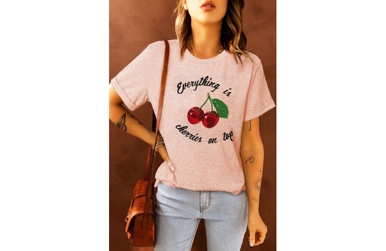 Pink Cherry Letters Print Short Sleeve Tee