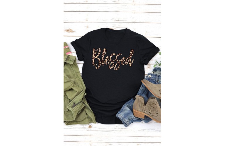 Black Blessed Leopard Print Short Sleeve T Shirt