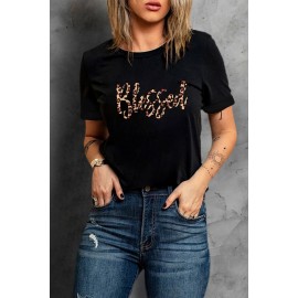 Black Blessed Leopard Print Short Sleeve T Shirt