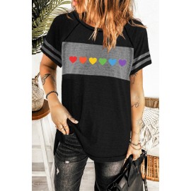 Black Multi Color Heart Print Striped Short Sleeve T Shirt