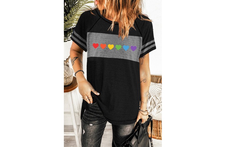 Black Multi Color Heart Print Striped Short Sleeve T Shirt