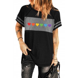 Black Multi Color Heart Print Striped Short Sleeve T Shirt