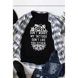 Black Floral Pattern Letter Print Short Sleeve Crewneck T Shirt