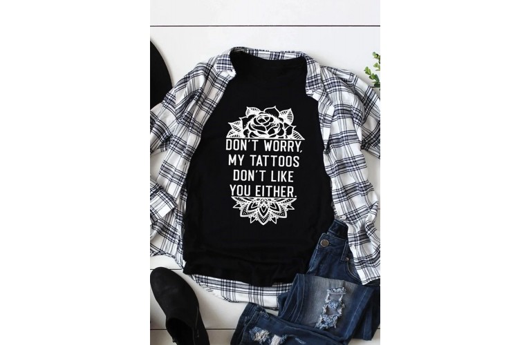 Black Floral Pattern Letter Print Short Sleeve Crewneck T Shirt