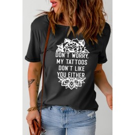 Black Floral Pattern Letter Print Short Sleeve Crewneck T Shirt