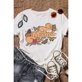 White Mama Flowers and Butterflies Round Neck Short Sleeve Tee