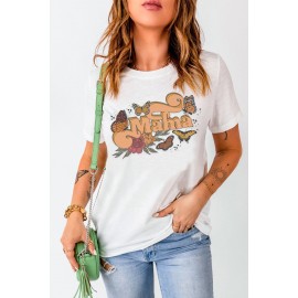 White Mama Flowers and Butterflies Round Neck Short Sleeve Tee