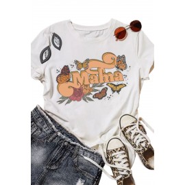 White Mama Flowers and Butterflies Round Neck Short Sleeve Tee