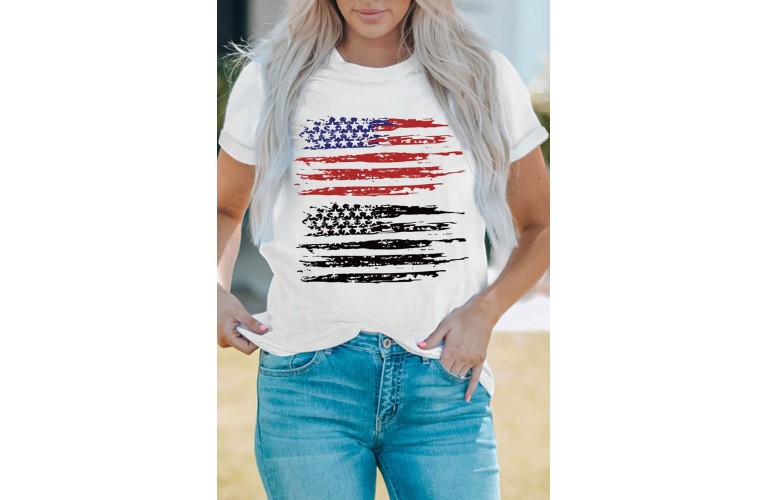 White US Flag Pattern Printed Crew Neck Graphic Tee