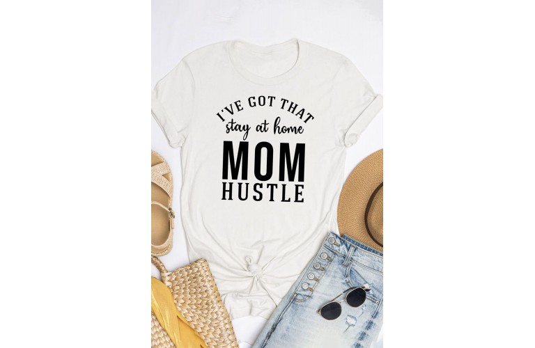 White MOM HUSTLE Letters Printed Short Sleeve T Shirt