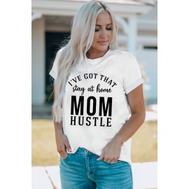 White MOM HUSTLE Letters Printed Short Sleeve T Shirt