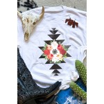 White Flower Geometric Print Crewneck Short Sleeve T Shirt