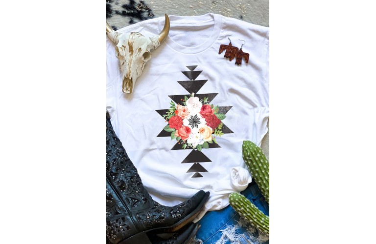 White Flower Geometric Print Crewneck Short Sleeve T Shirt