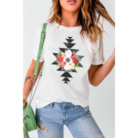 White Flower Geometric Print Crewneck Short Sleeve T Shirt